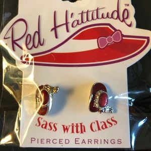 Fashion Red Hat Pierced Rhinestone Enameled Earrings